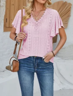 Discount Women's T Shirt Plain Fashion Modern Casual Short Sleeve V Neck Regular Tops Daily Going out Weekend Ruffle White Pink Blue Purple Summer Spring Women T-Shirts