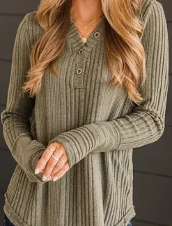 Online Women's T Shirt Plain Fashion Modern Casual Long Sleeve V Neck Regular Tops Daily Weekend Black Army Green Summer Spring Women Blouses & Shirts