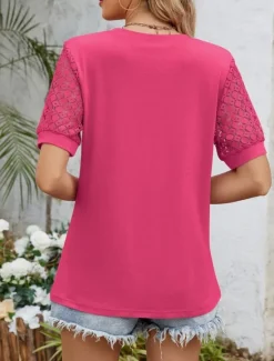 Discount Women's T Shirt Plain Fashion Modern Casual Short Sleeve Crew Neck Regular Tops Daily Weekend Eyelet White Pink Blue Fuchsia Summer Spring Women T-Shirts