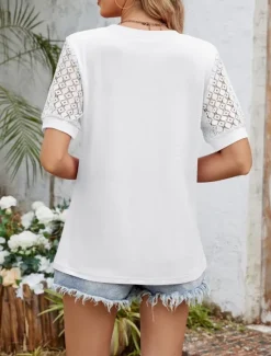 Discount Women's T Shirt Plain Fashion Modern Casual Short Sleeve Crew Neck Regular Tops Daily Weekend Eyelet White Pink Blue Fuchsia Summer Spring Women T-Shirts