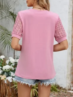 Discount Women's T Shirt Plain Fashion Modern Casual Short Sleeve Crew Neck Regular Tops Daily Weekend Eyelet White Pink Blue Fuchsia Summer Spring Women T-Shirts