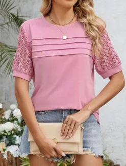 Discount Women's T Shirt Plain Fashion Modern Casual Short Sleeve Crew Neck Regular Tops Daily Weekend Eyelet White Pink Blue Fuchsia Summer Spring Women T-Shirts