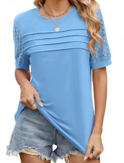 Discount Women's T Shirt Plain Fashion Modern Casual Short Sleeve Crew Neck Regular Tops Daily Weekend Eyelet White Pink Blue Fuchsia Summer Spring Women T-Shirts