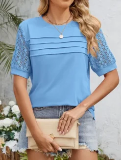 Discount Women's T Shirt Plain Fashion Modern Casual Short Sleeve Crew Neck Regular Tops Daily Weekend Eyelet White Pink Blue Fuchsia Summer Spring Women T-Shirts