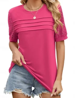 Discount Women's T Shirt Plain Fashion Modern Casual Short Sleeve Crew Neck Regular Tops Daily Weekend Eyelet White Pink Blue Fuchsia Summer Spring Women T-Shirts