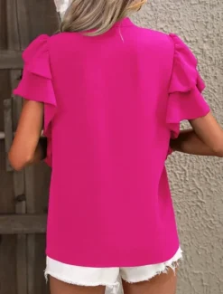 New Women's T Shirt Plain Fashion Modern Casual Short Sleeve Notched Neck Regular Tops Daily Weekend Ruffle Blue Fuchsia Summer Spring Women Blouses & Shirts