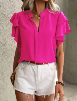 New Women's T Shirt Plain Fashion Modern Casual Short Sleeve Notched Neck Regular Tops Daily Weekend Ruffle Blue Fuchsia Summer Spring Women Blouses & Shirts