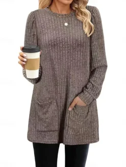 Hot Women's T Shirt Plain Fashion Modern Casual Long Sleeve Crew Neck Regular Tops Daily Weekend Pocket Army Green Brown Gray Fall Winter Women Tunic Tops