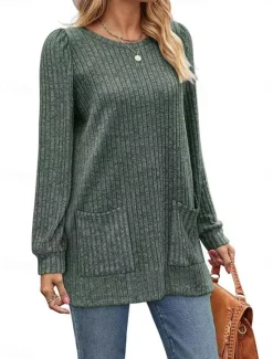 Hot Women's T Shirt Plain Fashion Modern Casual Long Sleeve Crew Neck Regular Tops Daily Weekend Pocket Army Green Brown Gray Fall Winter Women Tunic Tops