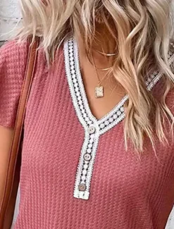Clearance Women's T Shirt Plain Fashion Modern Casual Short Sleeve V Neck Regular Tops Daily Weekend Patchwork Black White Pink Summer Spring Women T-Shirts