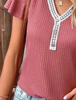 Clearance Women's T Shirt Plain Fashion Modern Casual Short Sleeve V Neck Regular Tops Daily Weekend Patchwork Black White Pink Summer Spring Women T-Shirts