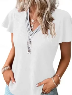 Clearance Women's T Shirt Plain Fashion Modern Casual Short Sleeve V Neck Regular Tops Daily Weekend Patchwork Black White Pink Summer Spring Women T-Shirts