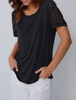 Discount Women's T Shirt Plain Fashion Stylish Classic Short Sleeve Crew Neck Regular Tops Daily Weekend Lace Patchwork Black Pink Wine Khaki Summer Women Lace Tops