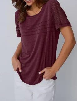 Discount Women's T Shirt Plain Fashion Stylish Classic Short Sleeve Crew Neck Regular Tops Daily Weekend Lace Patchwork Black Pink Wine Khaki Summer Women Lace Tops
