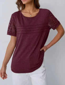 Discount Women's T Shirt Plain Fashion Stylish Classic Short Sleeve Crew Neck Regular Tops Daily Weekend Lace Patchwork Black Pink Wine Khaki Summer Women Lace Tops