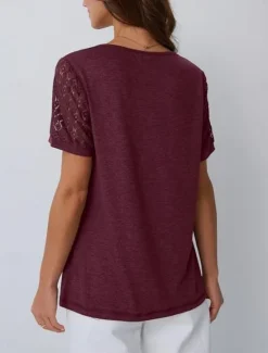 Discount Women's T Shirt Plain Fashion Stylish Classic Short Sleeve Crew Neck Regular Tops Daily Weekend Lace Patchwork Black Pink Wine Khaki Summer Women Lace Tops