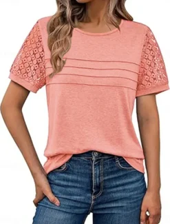 Discount Women's T Shirt Plain Fashion Stylish Classic Short Sleeve Crew Neck Regular Tops Daily Weekend Lace Patchwork Black Pink Wine Khaki Summer Women Lace Tops