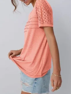 Discount Women's T Shirt Plain Fashion Stylish Classic Short Sleeve Crew Neck Regular Tops Daily Weekend Lace Patchwork Black Pink Wine Khaki Summer Women Lace Tops