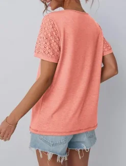 Discount Women's T Shirt Plain Fashion Stylish Classic Short Sleeve Crew Neck Regular Tops Daily Weekend Lace Patchwork Black Pink Wine Khaki Summer Women Lace Tops
