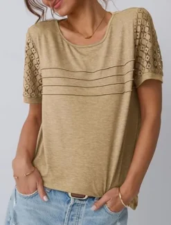 Discount Women's T Shirt Plain Fashion Stylish Classic Short Sleeve Crew Neck Regular Tops Daily Weekend Lace Patchwork Black Pink Wine Khaki Summer Women Lace Tops
