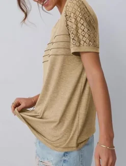Discount Women's T Shirt Plain Fashion Stylish Classic Short Sleeve Crew Neck Regular Tops Daily Weekend Lace Patchwork Black Pink Wine Khaki Summer Women Lace Tops