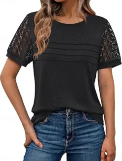 Discount Women's T Shirt Plain Fashion Stylish Classic Short Sleeve Crew Neck Regular Tops Daily Weekend Lace Patchwork Black Pink Wine Khaki Summer Women Lace Tops