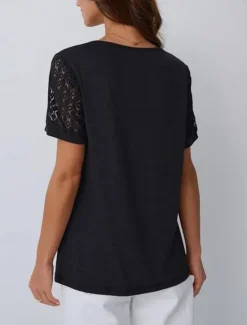 Discount Women's T Shirt Plain Fashion Stylish Classic Short Sleeve Crew Neck Regular Tops Daily Weekend Lace Patchwork Black Pink Wine Khaki Summer Women Lace Tops