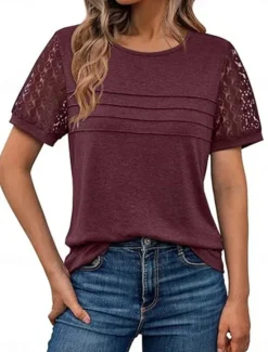 Discount Women's T Shirt Plain Fashion Stylish Classic Short Sleeve Crew Neck Regular Tops Daily Weekend Lace Patchwork Black Pink Wine Khaki Summer Women Lace Tops