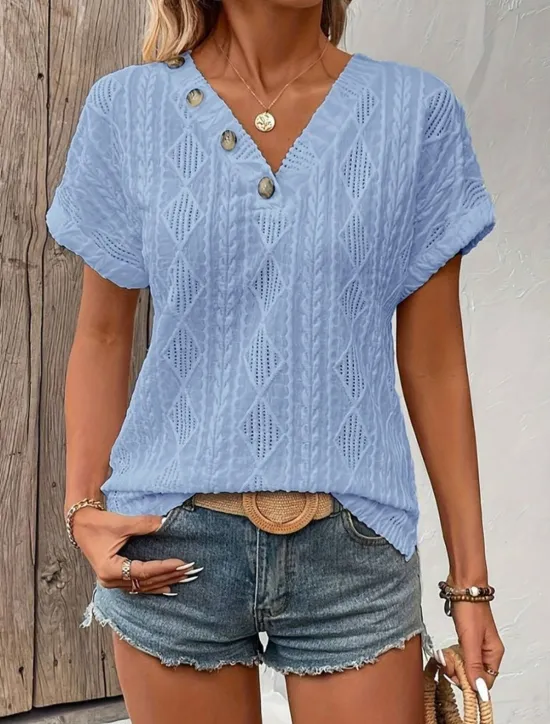 Clearance Women's T Shirt Plain Fashion Modern Casual Short Sleeve V Neck Regular Tops Daily Weekend Buttons White Blue Summer Women Lace Tops