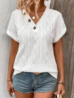 Clearance Women's T Shirt Plain Fashion Modern Casual Short Sleeve V Neck Regular Tops Daily Weekend Buttons White Blue Summer Women Lace Tops