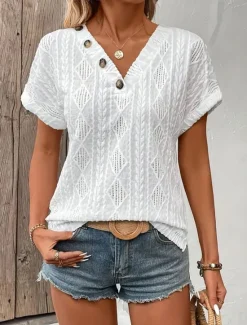 Clearance Women's T Shirt Plain Fashion Modern Casual Short Sleeve V Neck Regular Tops Daily Weekend Buttons White Blue Summer Women Lace Tops