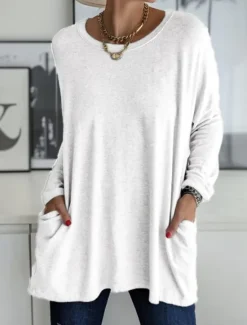 Discount Women's T Shirt Plain Fashion Long Sleeve Round Neck Regular Tops Daily Weekend Pocket Black White Pink Khaki Gray Spring & Fall Spring, Fall, Winter, Summer Women Tunic Tops