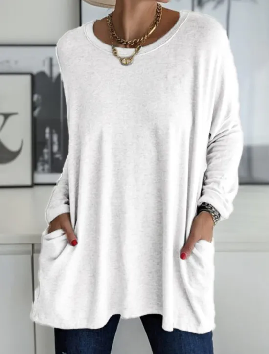 Discount Women's T Shirt Plain Fashion Long Sleeve Round Neck Regular Tops Daily Weekend Pocket Black White Pink Khaki Gray Spring & Fall Spring, Fall, Winter, Summer Women Tunic Tops