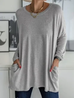 Discount Women's T Shirt Plain Fashion Long Sleeve Round Neck Regular Tops Daily Weekend Pocket Black White Pink Khaki Gray Spring & Fall Spring, Fall, Winter, Summer Women Tunic Tops