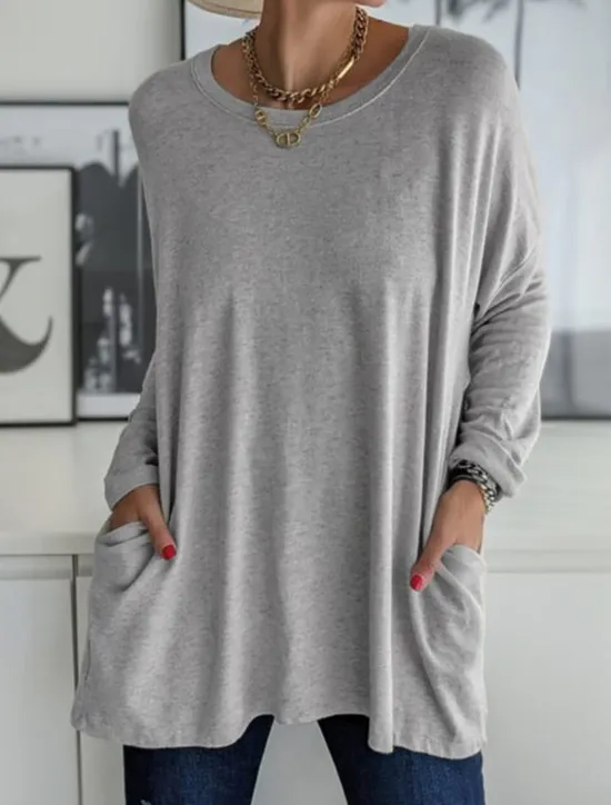Discount Women's T Shirt Plain Fashion Long Sleeve Round Neck Regular Tops Daily Weekend Pocket Black White Pink Khaki Gray Spring & Fall Spring, Fall, Winter, Summer Women Tunic Tops