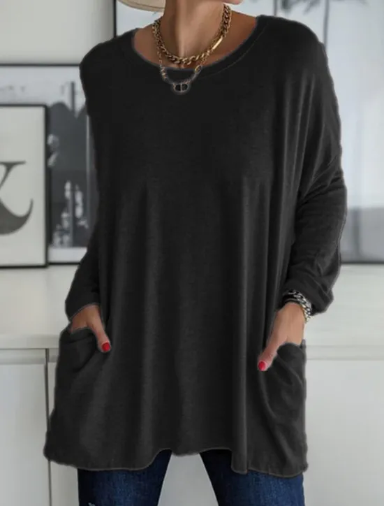 Discount Women's T Shirt Plain Fashion Long Sleeve Round Neck Regular Tops Daily Weekend Pocket Black White Pink Khaki Gray Spring & Fall Spring, Fall, Winter, Summer Women Tunic Tops