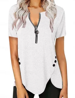 Outlet Women's T Shirt Plain Fashion Modern Casual Short Sleeve V Neck Regular Tops Daily Weekend Zipper Black White Pink Summer Spring Women T-Shirts