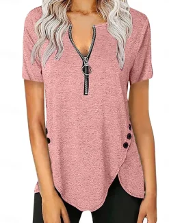 Outlet Women's T Shirt Plain Fashion Modern Casual Short Sleeve V Neck Regular Tops Daily Weekend Zipper Black White Pink Summer Spring Women T-Shirts