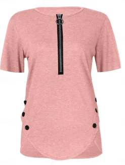 Outlet Women's T Shirt Plain Fashion Modern Casual Short Sleeve V Neck Regular Tops Daily Weekend Zipper Black White Pink Summer Spring Women T-Shirts