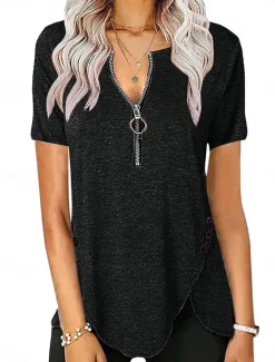 Outlet Women's T Shirt Plain Fashion Modern Casual Short Sleeve V Neck Regular Tops Daily Weekend Zipper Black White Pink Summer Spring Women T-Shirts