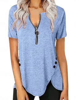 Outlet Women's T Shirt Plain Fashion Modern Casual Short Sleeve V Neck Regular Tops Daily Weekend Zipper Black White Pink Summer Spring Women T-Shirts