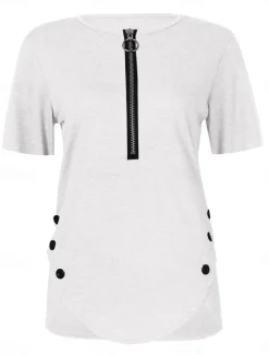 Outlet Women's T Shirt Plain Fashion Modern Casual Short Sleeve V Neck Regular Tops Daily Weekend Zipper Black White Pink Summer Spring Women T-Shirts