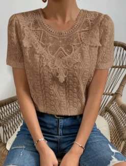 Online Women's T Shirt Plain Fashion Modern Casual Short Sleeve Crew Neck Regular Tops Daily Weekend Lace Patchwork Black White Pink Blue Khaki Summer Women Lace Tops