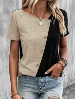 New Women's T Shirt Plain Modern Casual Short Sleeve V Neck Regular Tops Daily Weekend Patchwork Buttons Khaki Gray Summer Women T-Shirts