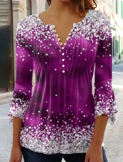 Discount Women's T Shirt Plus Size Shirt T Shirt Henley Shirt Blouse Graphic Polka Dot Flower Basic Long Sleeve Round Neck Regular Tops Casual Weekend Buttons Print Denim Blue Grass Green Black Yellow Light Women Tunic Tops