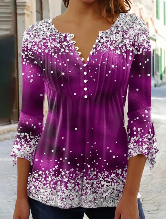 Discount Women's T Shirt Plus Size Shirt T Shirt Henley Shirt Blouse Graphic Polka Dot Flower Basic Long Sleeve Round Neck Regular Tops Casual Weekend Buttons Print Denim Blue Grass Green Black Yellow Light Women Tunic Tops