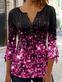 Discount Women's T Shirt Plus Size Shirt T Shirt Henley Shirt Blouse Graphic Polka Dot Flower Basic Long Sleeve Round Neck Regular Tops Casual Weekend Buttons Print Denim Blue Grass Green Black Yellow Light Women Tunic Tops