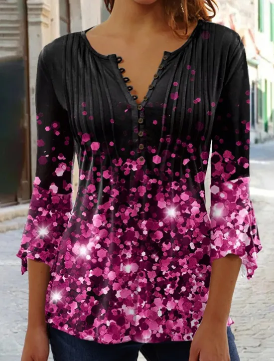 Discount Women's T Shirt Plus Size Shirt T Shirt Henley Shirt Blouse Graphic Polka Dot Flower Basic Long Sleeve Round Neck Regular Tops Casual Weekend Buttons Print Denim Blue Grass Green Black Yellow Light Women Tunic Tops