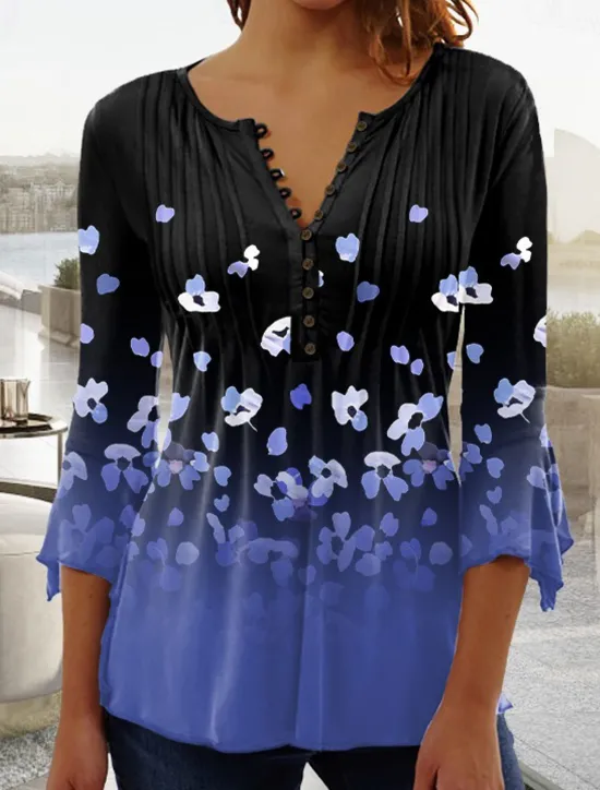 Discount Women's T Shirt Plus Size Shirt T Shirt Henley Shirt Blouse Graphic Polka Dot Flower Basic Long Sleeve Round Neck Regular Tops Casual Weekend Buttons Print Denim Blue Grass Green Black Yellow Light Women Tunic Tops