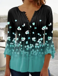 Discount Women's T Shirt Plus Size Shirt T Shirt Henley Shirt Blouse Graphic Polka Dot Flower Basic Long Sleeve Round Neck Regular Tops Casual Weekend Buttons Print Denim Blue Grass Green Black Yellow Light Women Tunic Tops